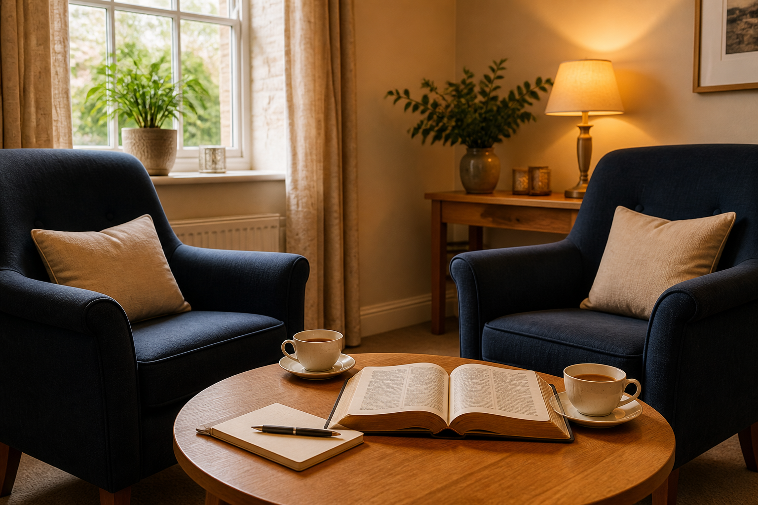 A welcoming pastoral care room with an open Bible